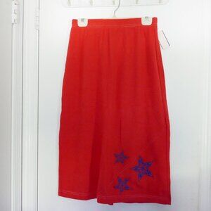 red pique polo knit maxi skirt with blue embroidered stars size M
